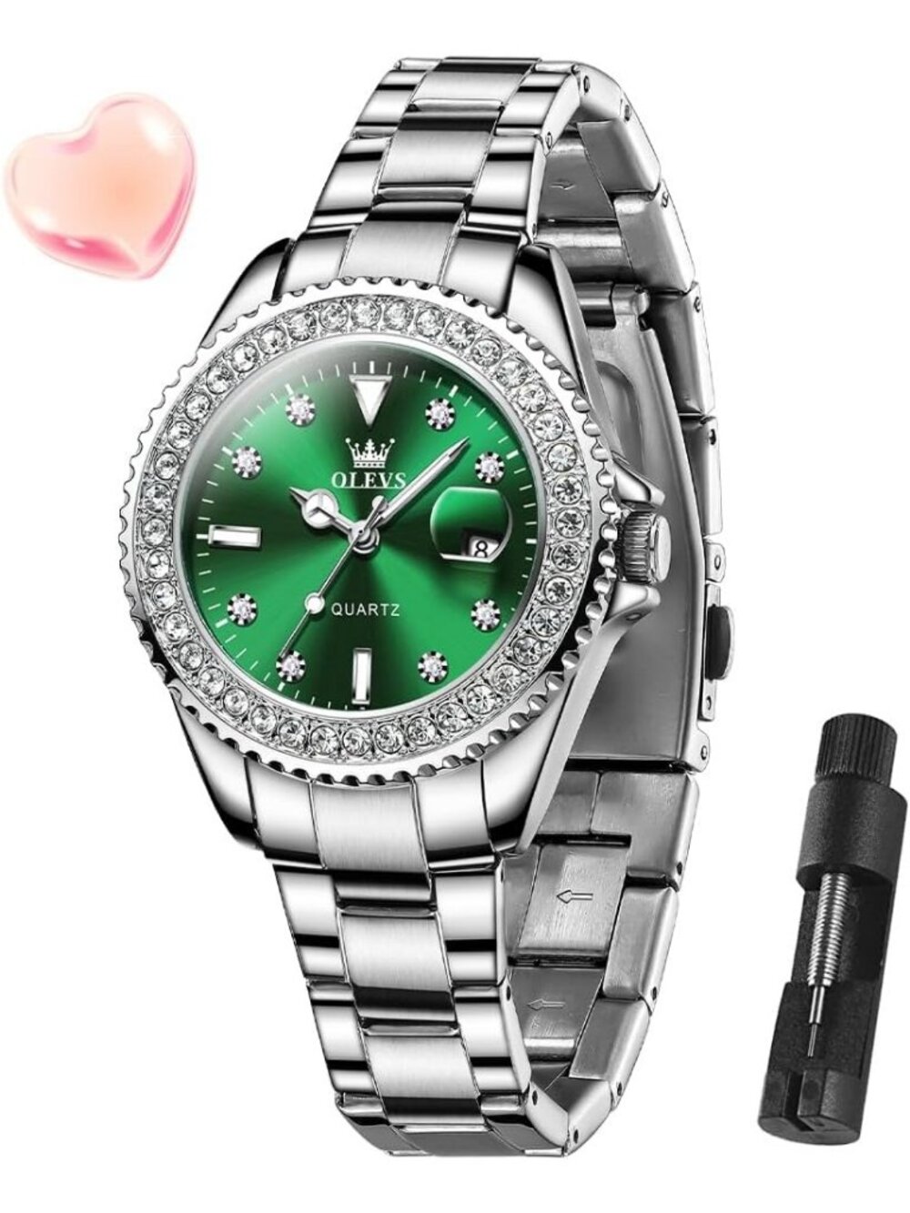 Women's Green Luxury Diamond with Date Analog Quartz Waterproof Wrist Watch